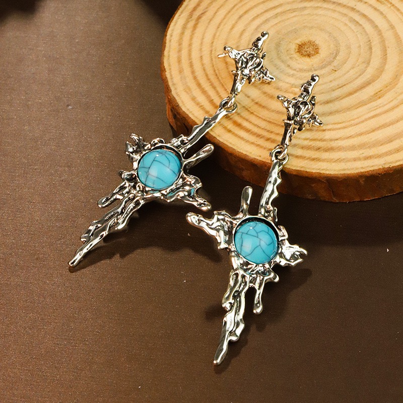 Retro Simulated Turquoise Leaf Earrings Women Vintage Teardrop Studs Ethnic Bohemian