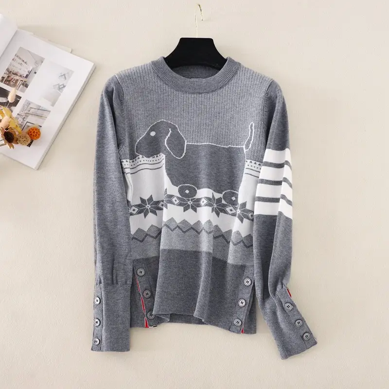 Courtyard Style Crewneck Jacquard With Four Stripes Knitted Long-sleeved Sweater Jumper