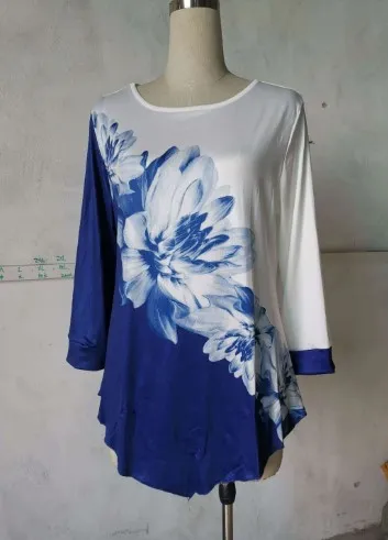 New Digital Printing Round Neck 7-Point Sleeve T-Shirt - Blue