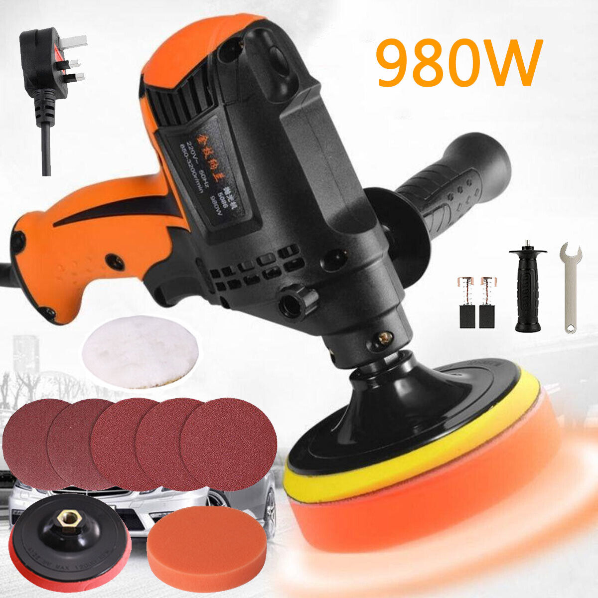 980W Heavy Duty Car Polisher Buffer Sander Waxing Kit 6 Speed With 5 Pad Bonnet 11