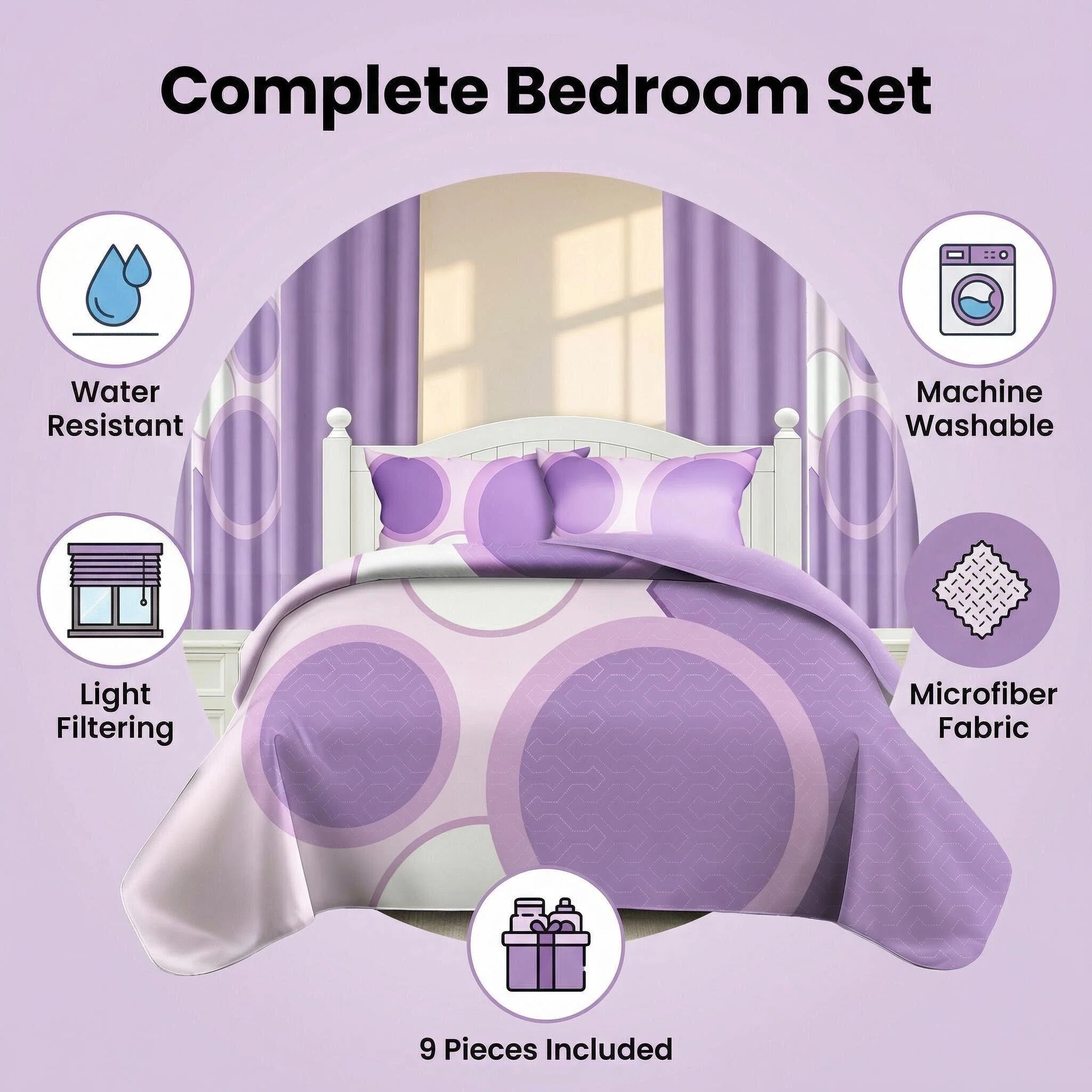 9 Piece Room In A Bag Quilt And Curtain Set, US Designer Lavender Purple Geometric Circle Print Heavyweight Bedspread With 6 Customizable Window Panels, Pet-Friendly High GSM Coverlet — foto 5