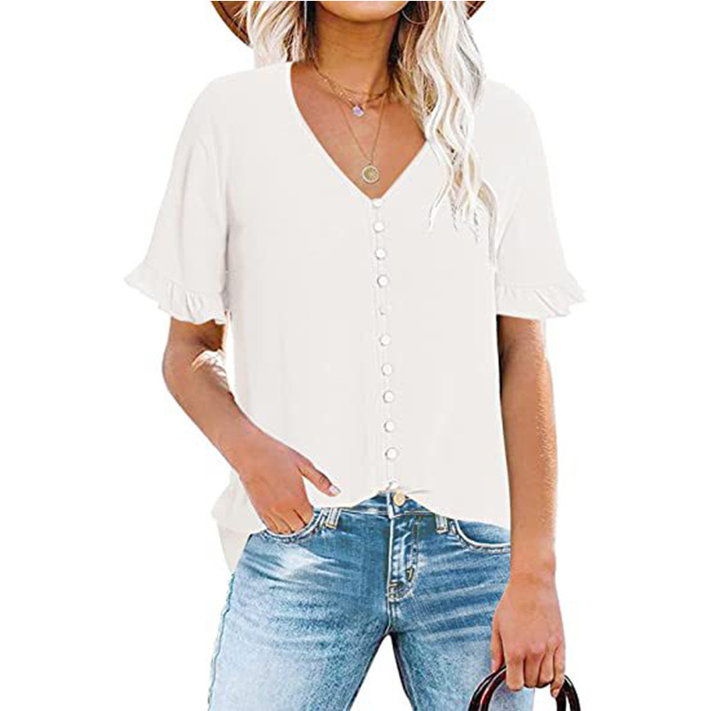 Women's Ruffle Short Sleeve V Neck Button Down Shirt White - Shop at LoveMi