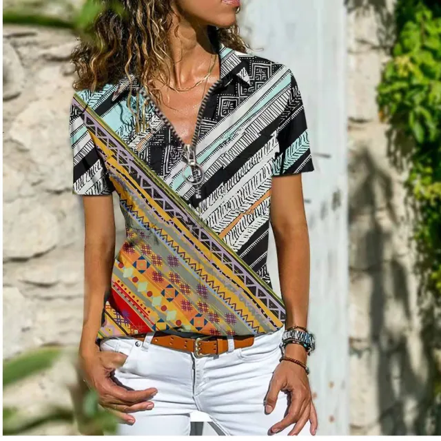 Bohemian Western Ethnic Wind Zipper Shirts With Short Sleeves H - Shop at LoveMi