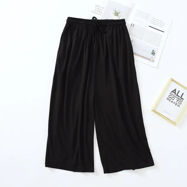 Three Quarter Solid Wide Leg Household Pants Black - Shop at LoveMi