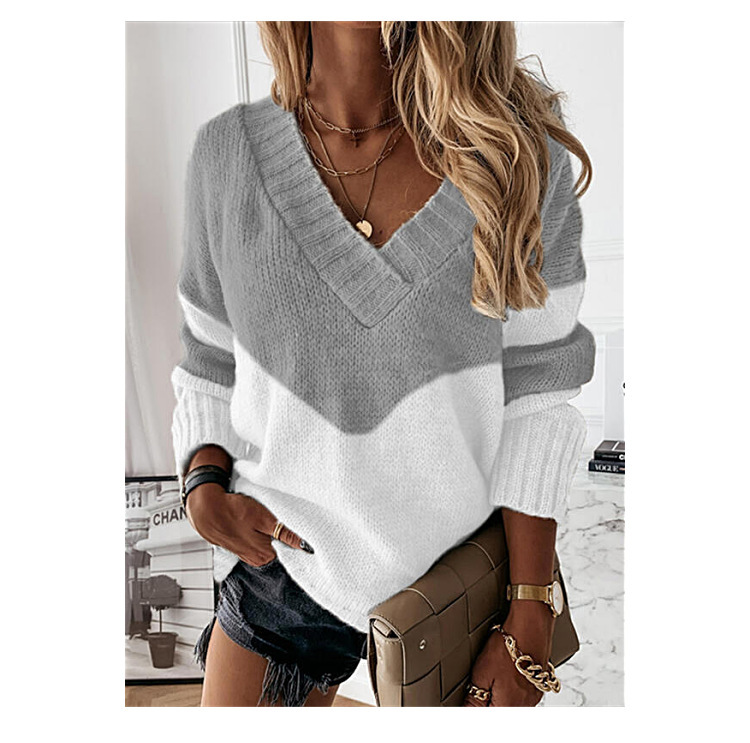 Title 3, Pullover V-neck Loose Sweater Color-blocking Wo...