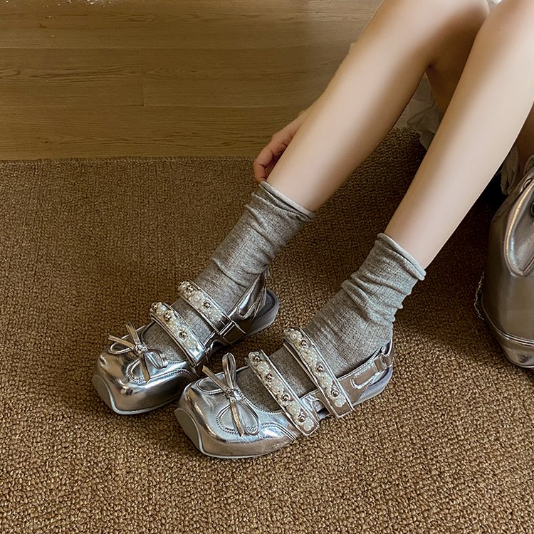 Women's Ballet Style Metallic Square Toe Silver Mary Janes, New Summer 2026 Fairy Style Closed Toe Sandals For Dresses