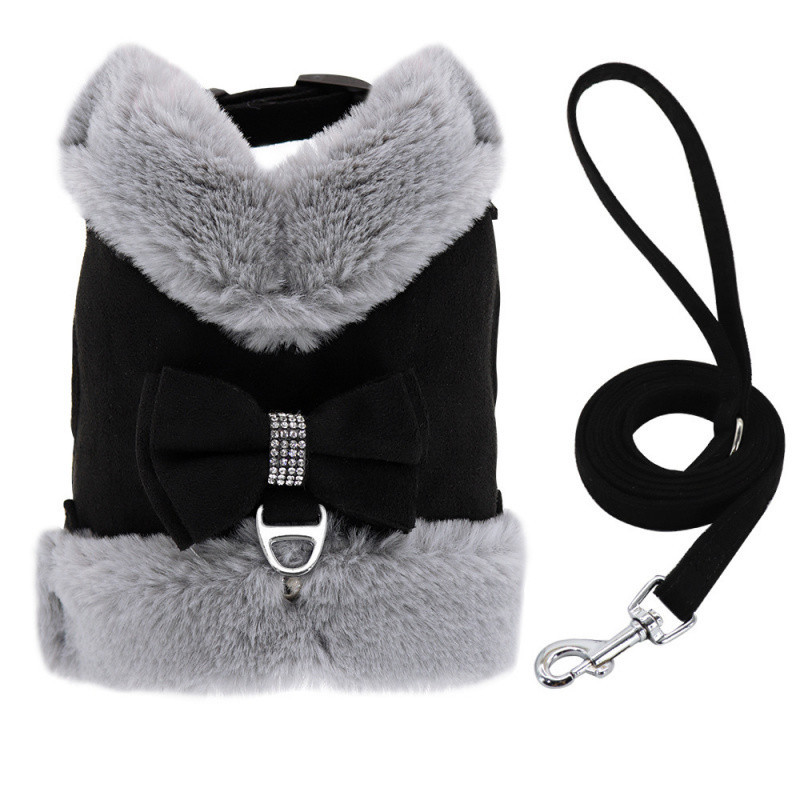 Cute Warm Small Dog Harness And Leash Set With Bow Tie, Soft Padded Puppy Harness With Removable Fur Collar, Adjustable Girl Dog Harness With Quick... Black - Shop at LoveMi