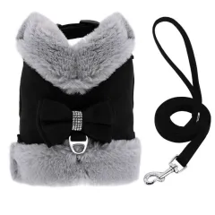 Cute Warm Small Dog Harness And Leash Set With Bow Tie, Soft Padded Puppy Harness With Removable Fur Collar, Adjustable Girl Dog Harness With Quick... - View 1