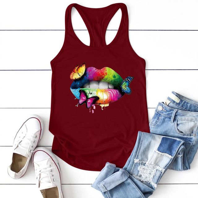 Multicolored Lips Butterflies Printed Tank Top Women Wine - Shop at LoveMi