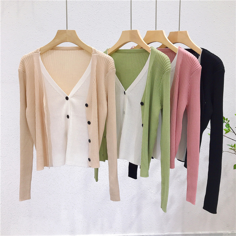 Fake Two-piece Knitted Cardigan Women's Solid Color V-neck Long-sleeved Top