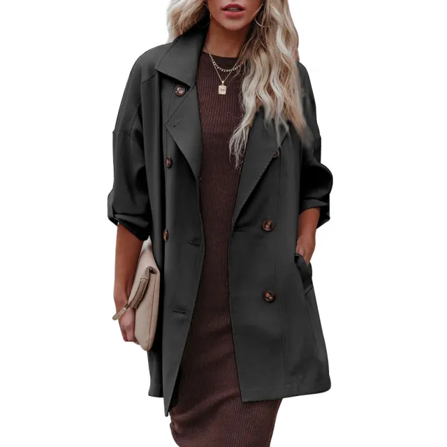 Medium Long Loose Casual Long Sleeve Trench Coat Black - Shop at LoveMi