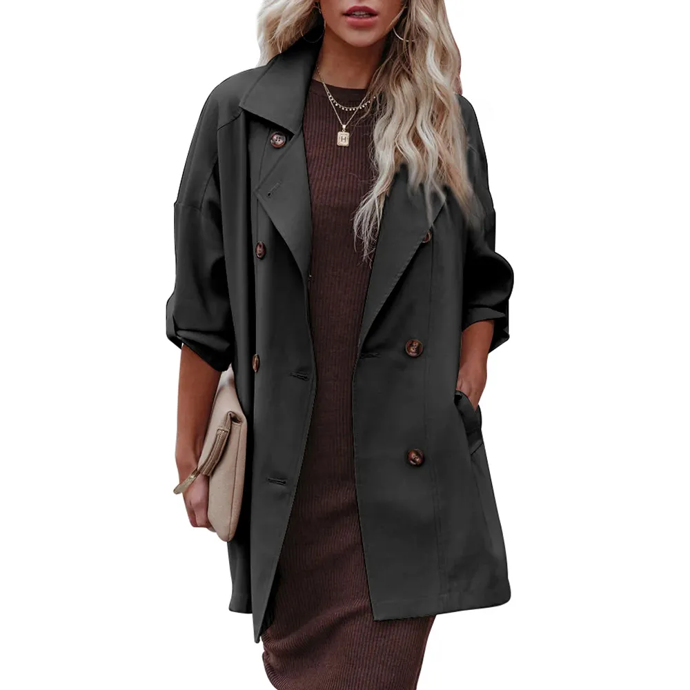 Medium Long Loose Casual Long Sleeve Trench Coat - Black