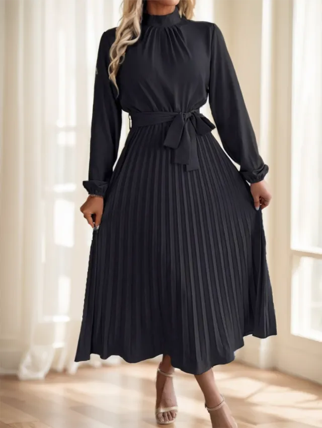 Women's Bow Tied A Line Pleated Dress Black - Shop at LoveMi
