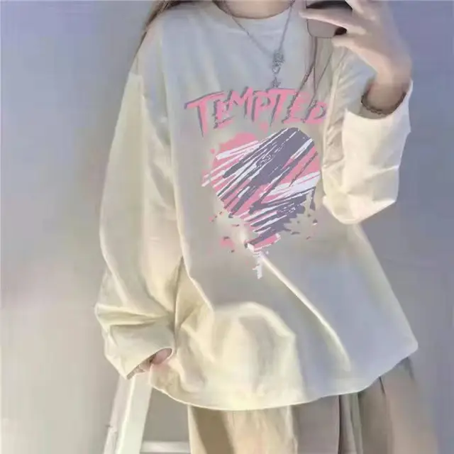 New Personalized Printed Loose And Versatile Long Sleeved T shirt For Women Purple - Shop at LoveMi