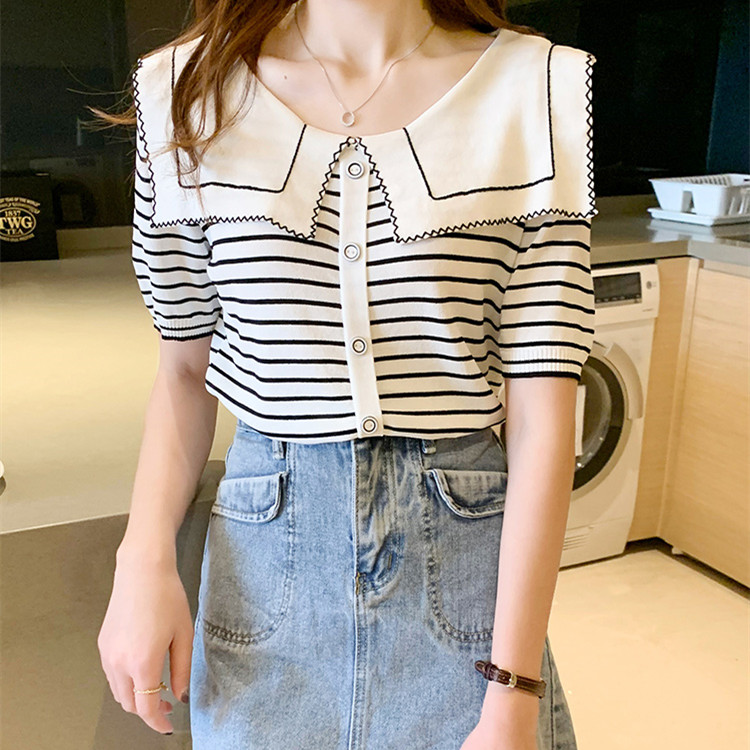 Women's Ice Silk Knitted Navy Doll Collar Top