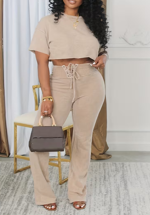 American Retro Round Neck Cropped Top  High-waisted Drawstring Wide-leg Pants Set For Women