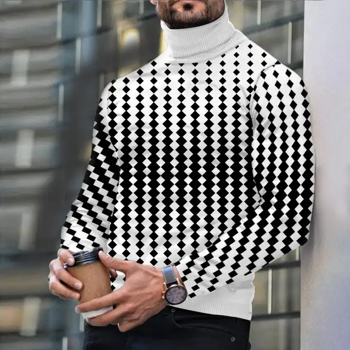 Autumn Winter Men's Long Sleeve Turtleneck T Shirt Printed Casual Top