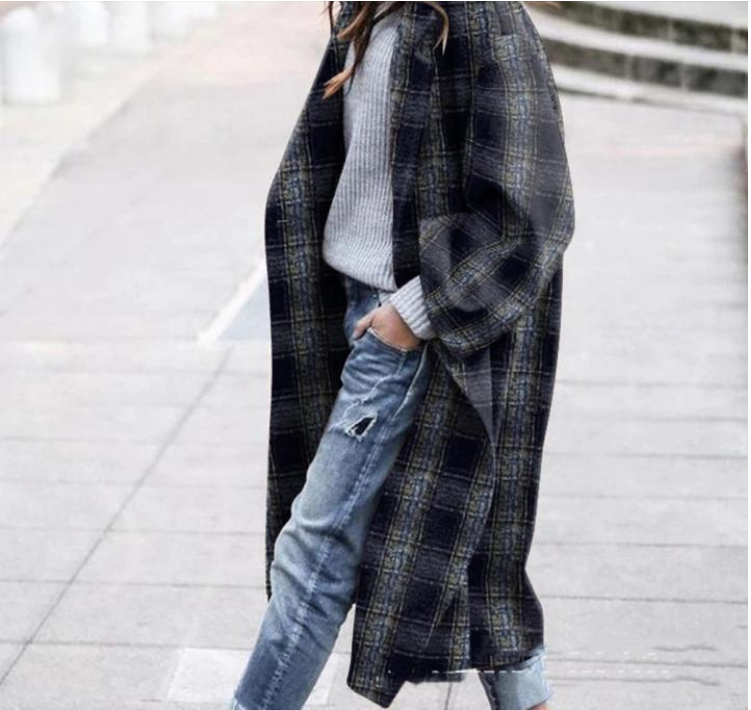 Check Color Contrast Coat Jacket With Turn Over Collar Navy Blue - Shop at LoveMi