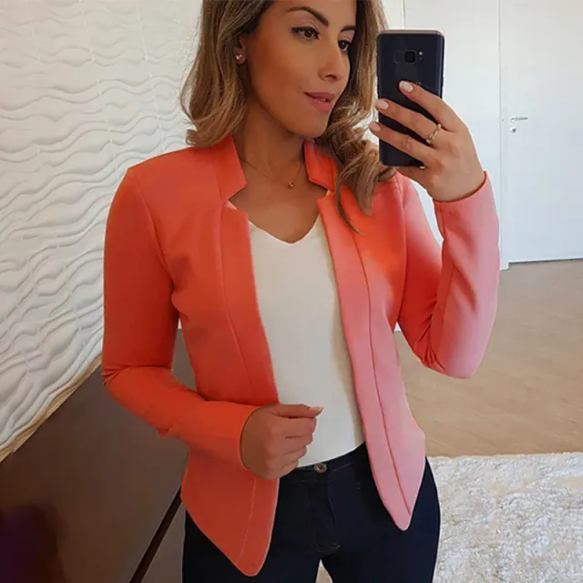 Small Suit Long Sleeve Solid Color Cardigan Coat Top Orange - Shop at LoveMi