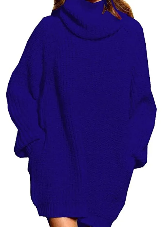 Women's Long sleeved High neck Pocket Mid length Dress Sweater Sapphire - Shop at LoveMi