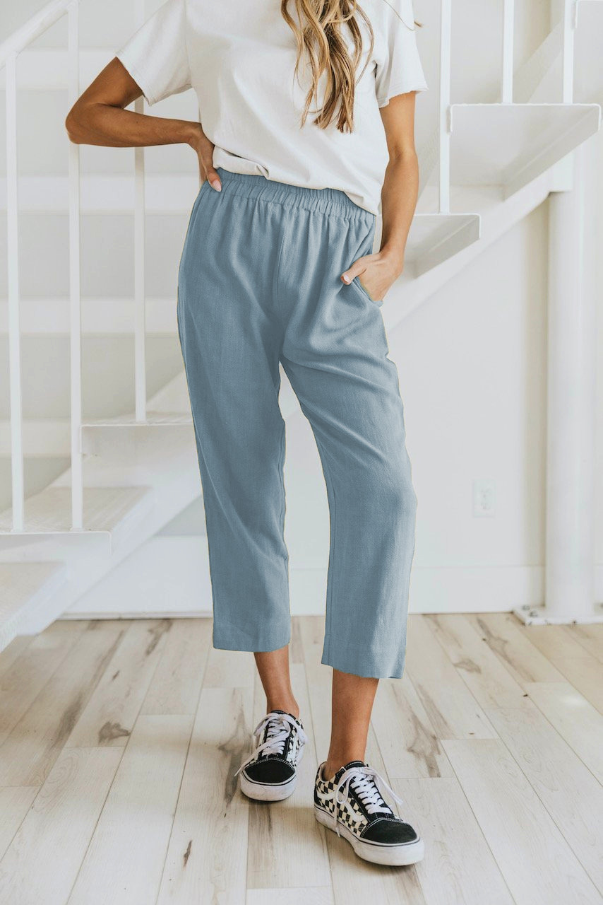 Solid Color Casual Elasticated High waist Cropped Trousers Blue - Shop at LoveMi