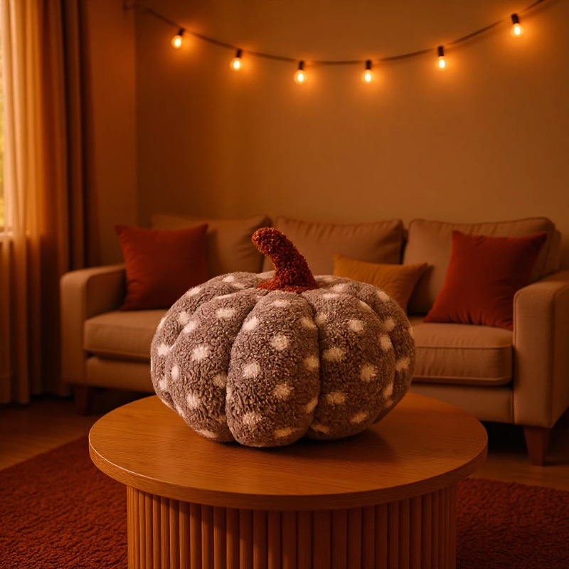 Pernă drăguță din pluș, în formă de dovleac, cu buline gri, din fleece Teddy, pentru decorarea casei de sărbători,