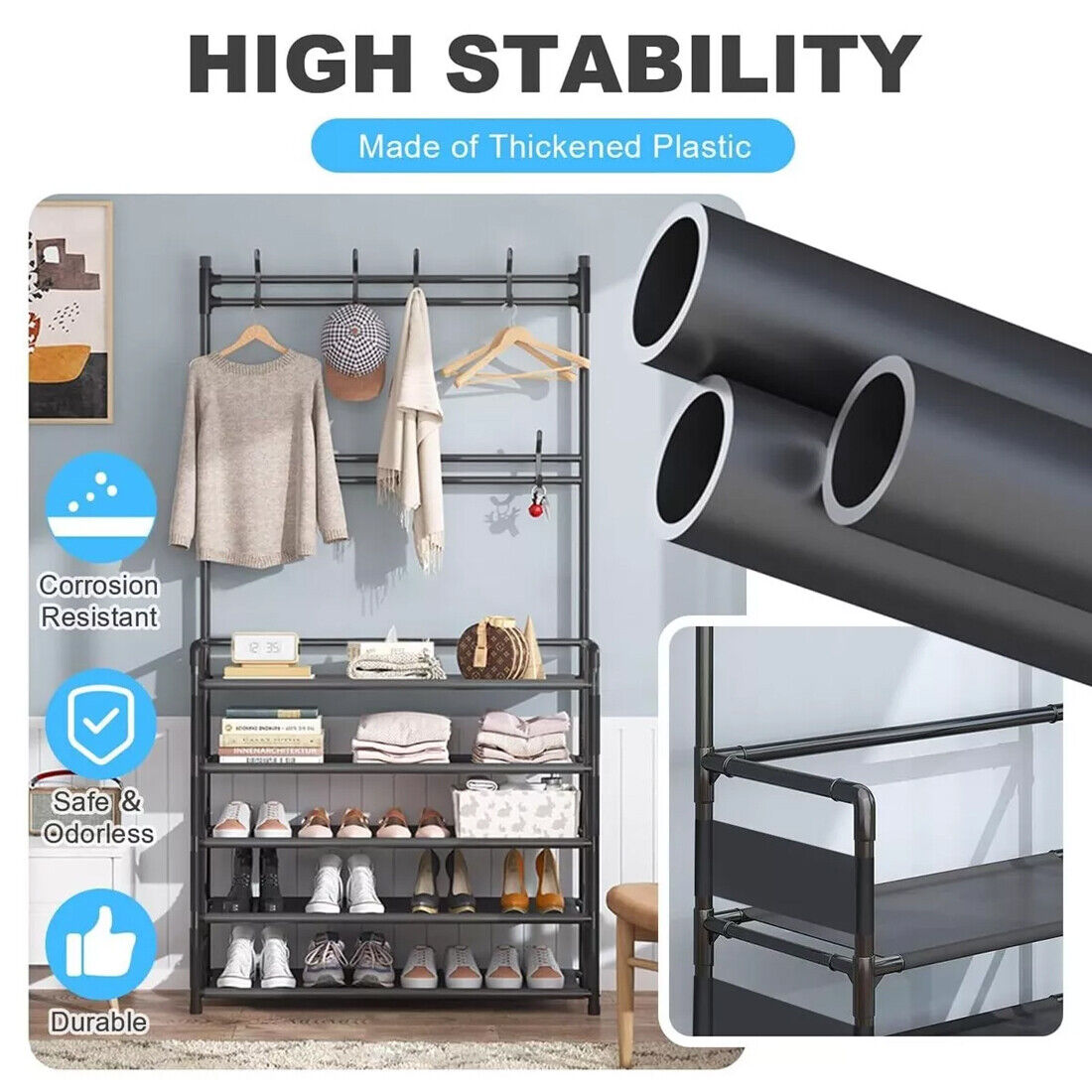 New Coat And Hat Stand 8 Hooks Metal Shoe Rack 5 Tiers Shelf Hanger Black UK — image 9