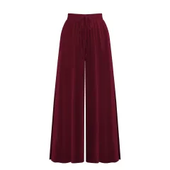 Women's Loose Fashion Drawstring Slit Casual Wide Leg Pants - Wine Red - View 1