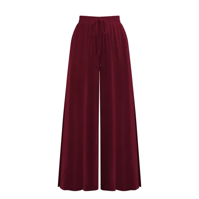 Women's Loose Fashion Drawstring Slit Casual Wide Leg Pants Wine Red - Shop at LoveMi
