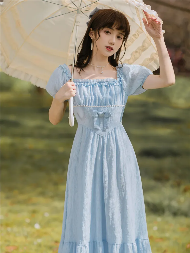 Square Neck Beaded High Waist Vintage Puff Sleeve Dress - Blue