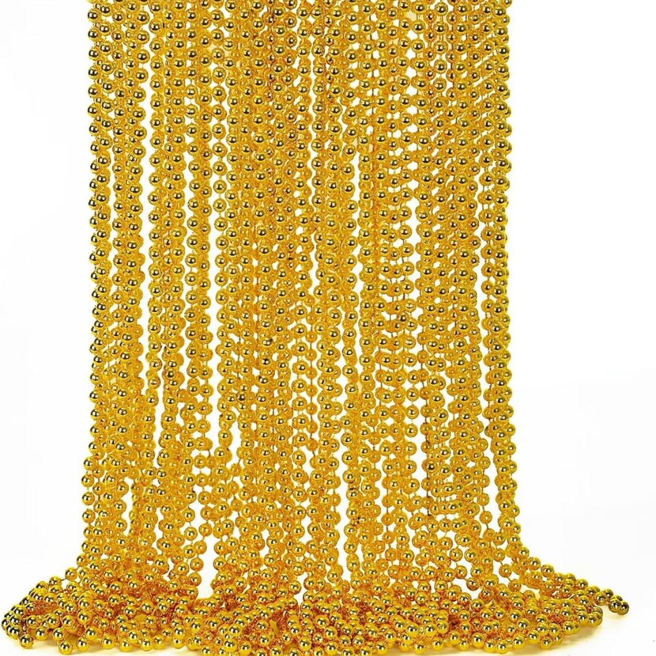 12PCS Mardi Gras Beads Necklace Set, 33 Gold Beaded Necklaces, Festive Party Accessories For Mardi Gras, St. Patrick's Day & Christmas