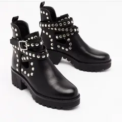 Women's Ankle Boots With Rivet Metal Decorative Strip Straps - Black - View 1