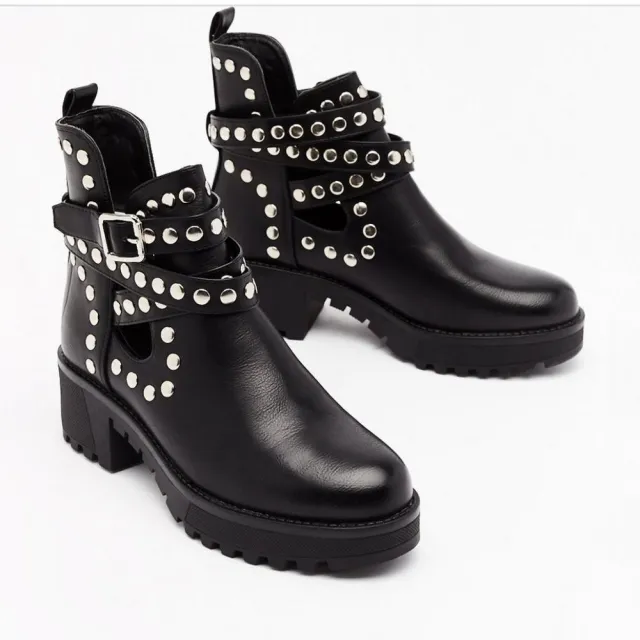 Women's Ankle Boots With Rivet Metal Decorative Strip Straps Black - Shop at LoveMi