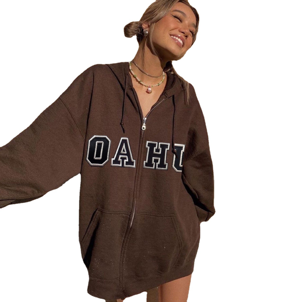 Loose Hooded Letter Sweatshirt Jacket