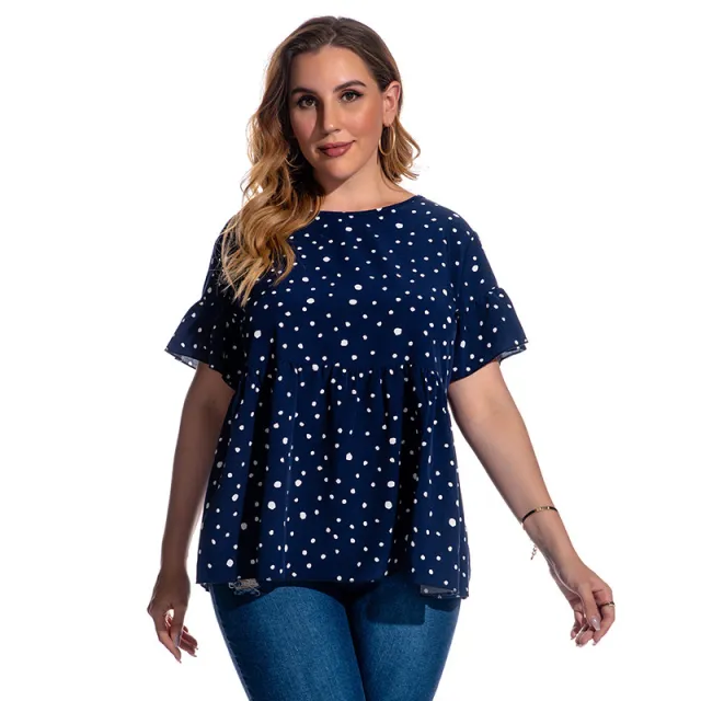 Dot Flared Sleeve Short Sleeve Plus Size Women's T shirt Navy Blue - Shop at LoveMi