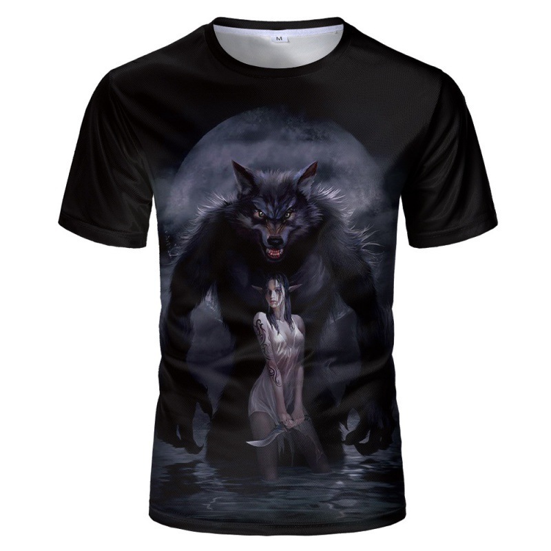 Title 2, New Moon Wolf Head 3D-geprinte T-shirt met kort...