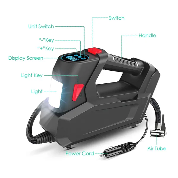 Portable Tire Inflator 120 PSI Maximum 90W Powered Tire With Digital Display LED Light — foto 6