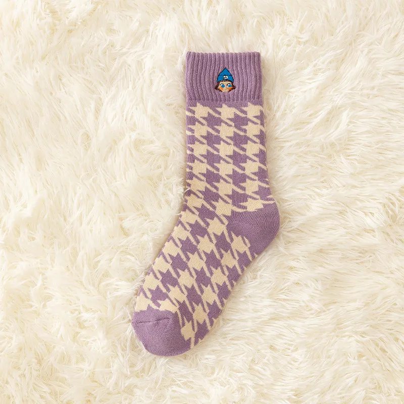 Padded Thick Embroidered Terry Towel Bottom Socks - Purple Embroidered Birds