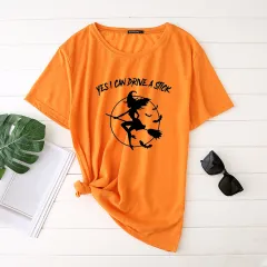 Flying Witch Print Crew Neck Short Sleeve T-Shirt - Pumpkin Orange - View 1