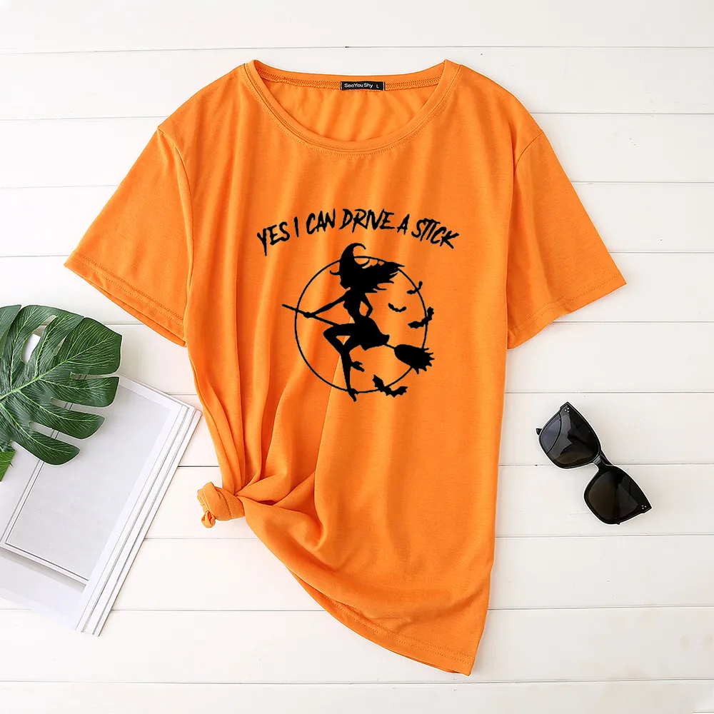 Flying Witch Print Crew Neck Short Sleeve T-Shirt - Pumpkin Orange