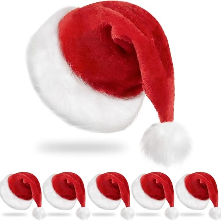 6 Santa Christmas Hat, Classic Red Velvet Xmas Holiday Hat, Unisex Santa Cap For Adults, Christmas Party Accessory