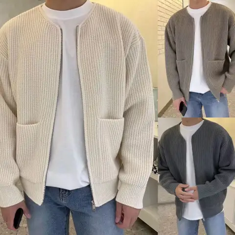 Men Zip Up Knitted Cardigan Lined Funnel Neck Jumper