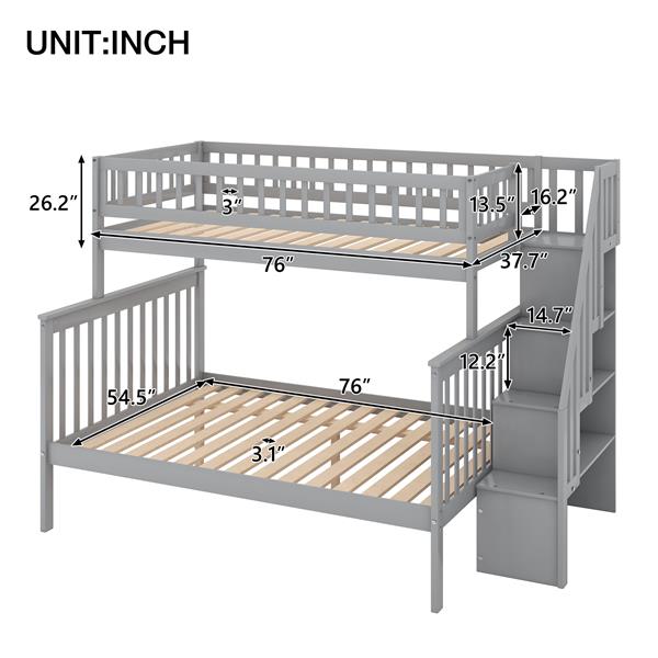 Twin Over Full Stairway Bunk Bed With Storage, Gray_voghion.com
