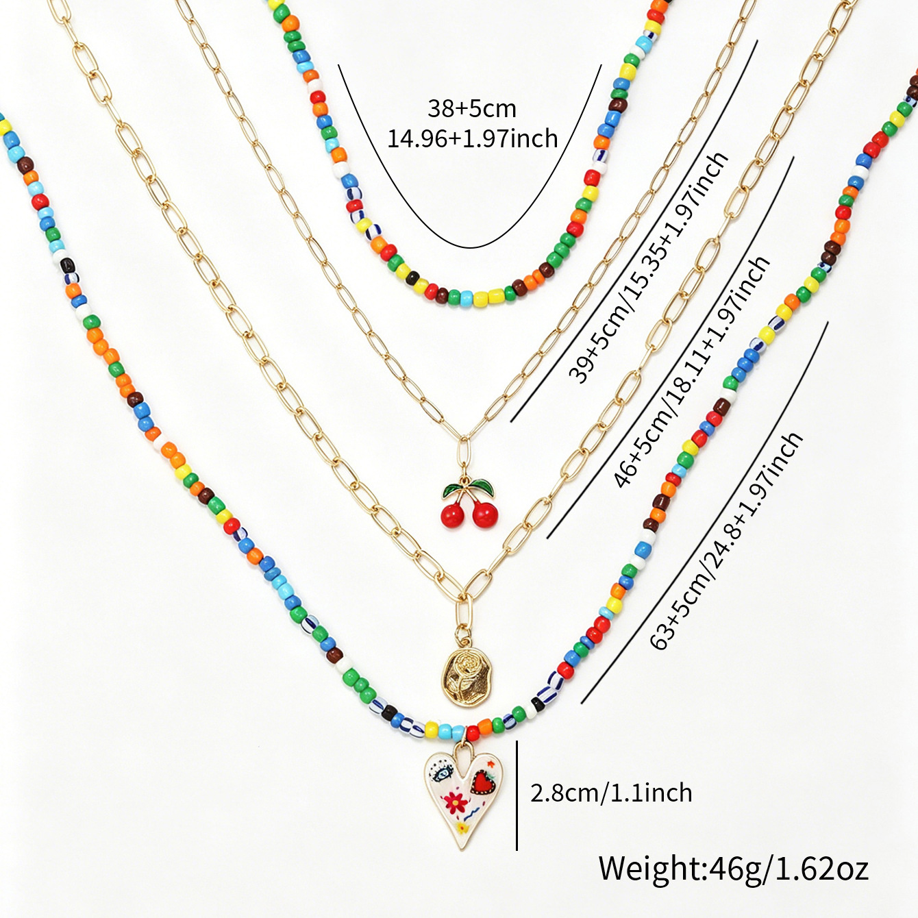 Cross-border Bohemian Ethnic Women Necklace, Colorful Glass Seed Bead Chain With Cherry & Heart Pendant Neck Jewelry