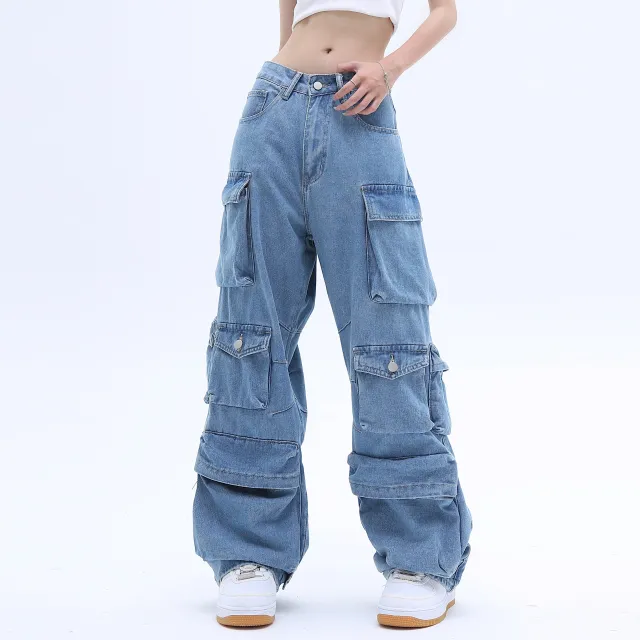 American High Street Multi pocket Washed Baggy Jeans Blue - Shop at LoveMi