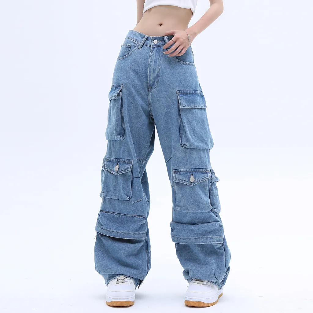 American High Street Multi-pocket Washed Baggy Jeans - Blue