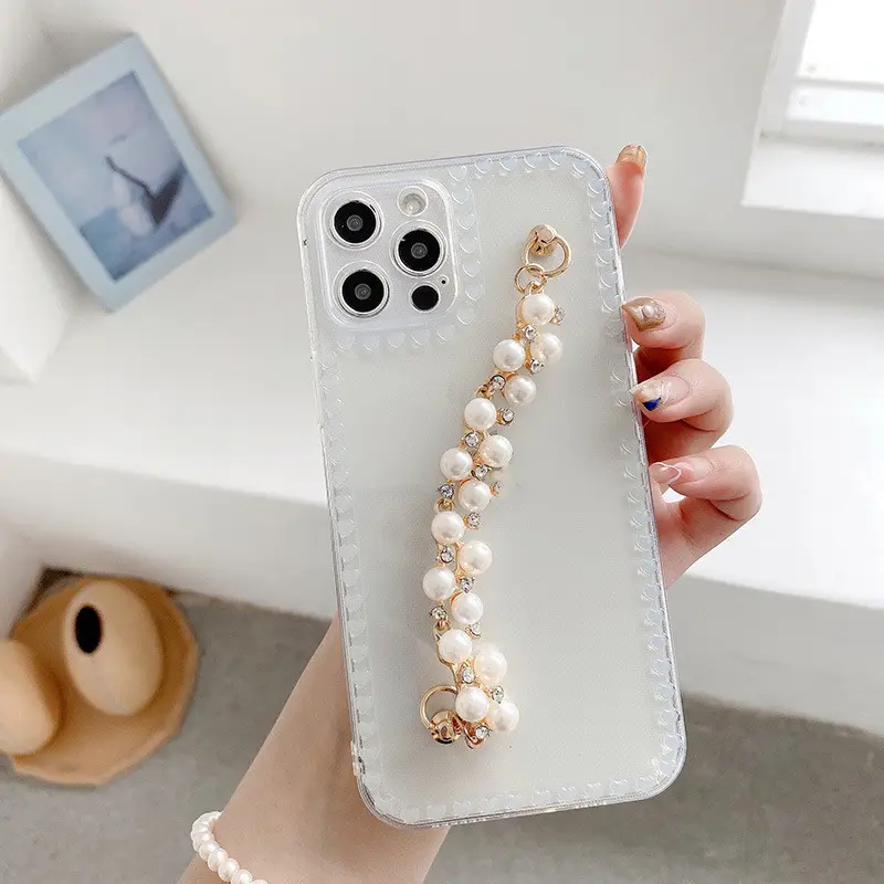 Soft Case Women Pearl Wrist Strap Phone