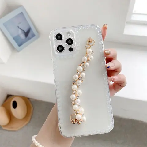 Soft Case Women Pearl Wrist Strap Phone