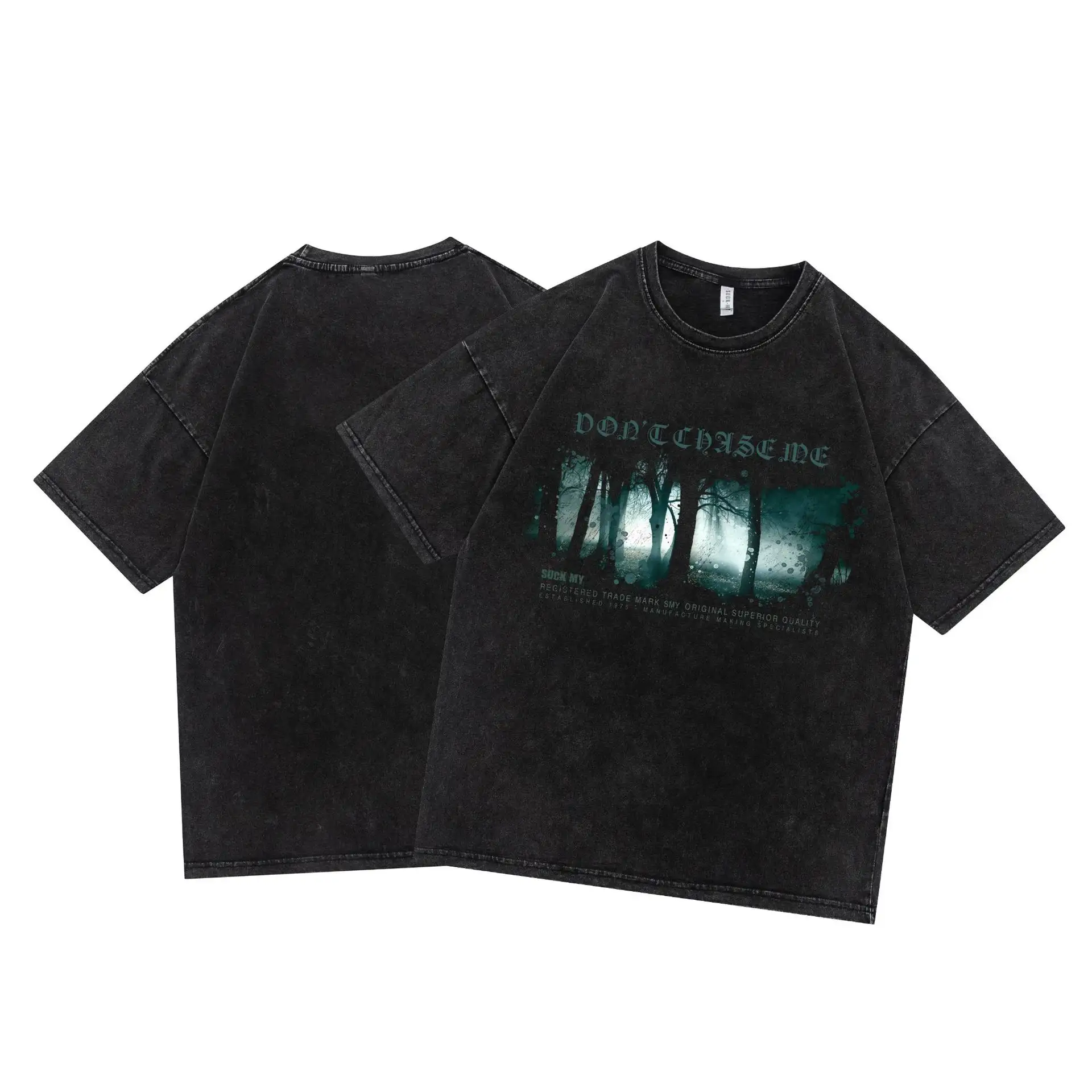 High Street Fashion Design Theme Old Washed Printing Hip-hop Round Neck Short-sleeved T-shirt