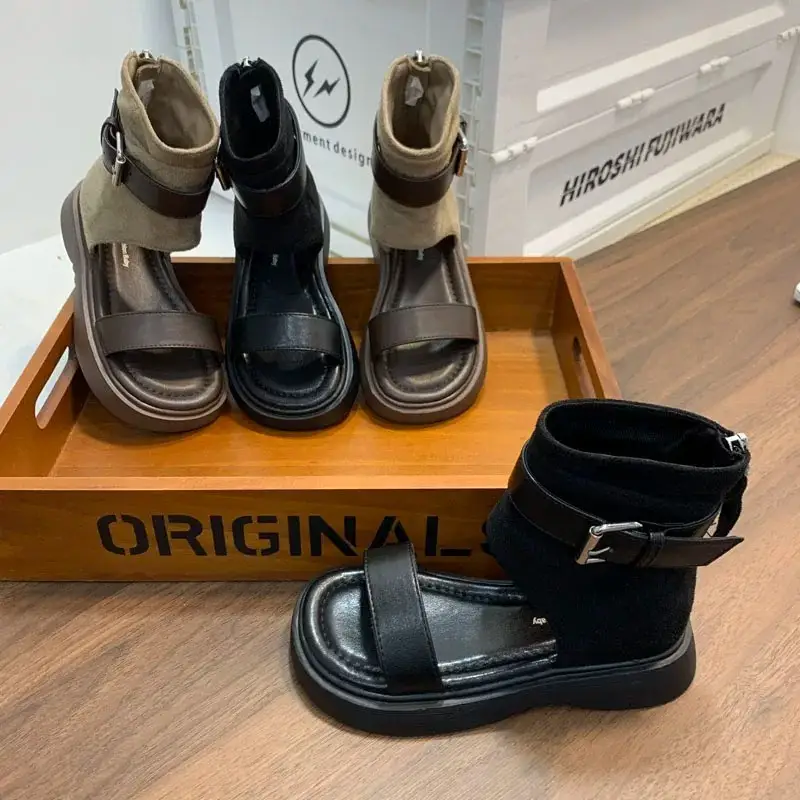 2026 Summer New European Style Girls Roman Sandals, Fashion Kids High Top Sandal Boots With Belt Buckle & Back Zipper Ankle Boots